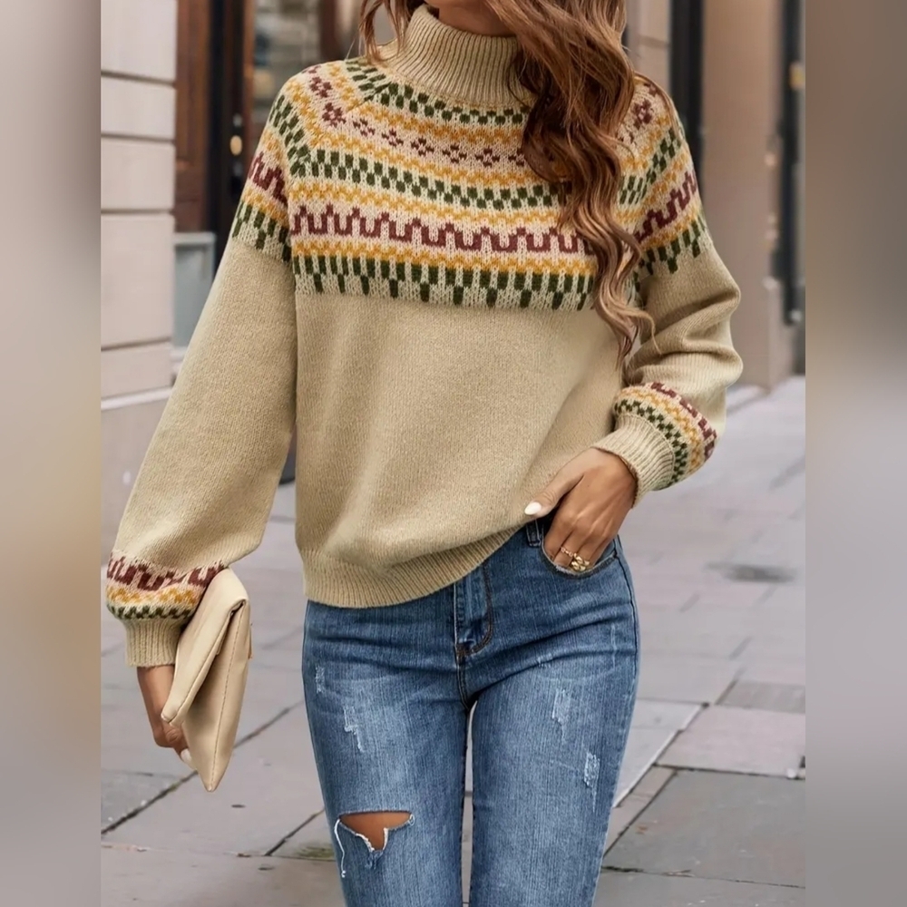 New Turtleneck Long Sleeve Women's Fair Isle Pattern Sweater